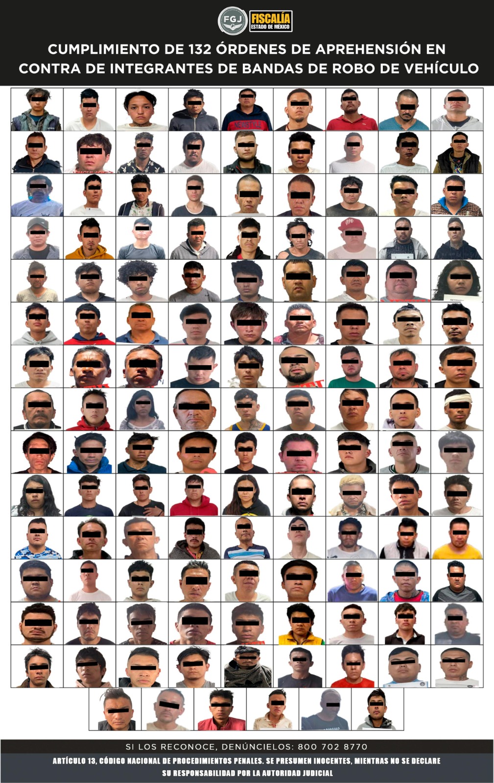 Fiscalía Edomex cumplimenta 132 órdenes de aprehensión contra miembros de bandas de robo de vehículos