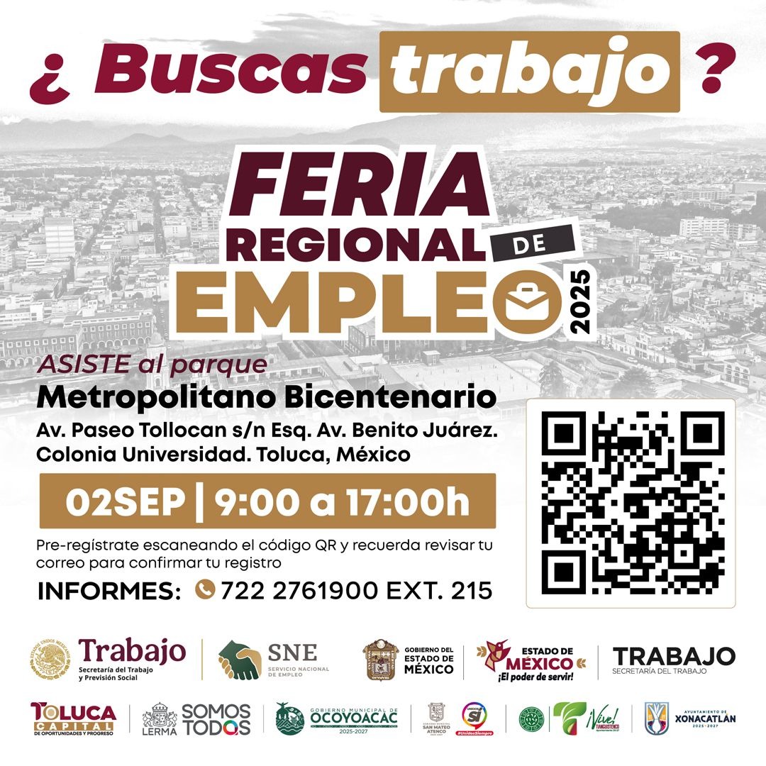 ¿Buscas trabajo? Mañana se realiza la 2a. Feria Regional de Empleo en el Parque Metropolitano de Toluca